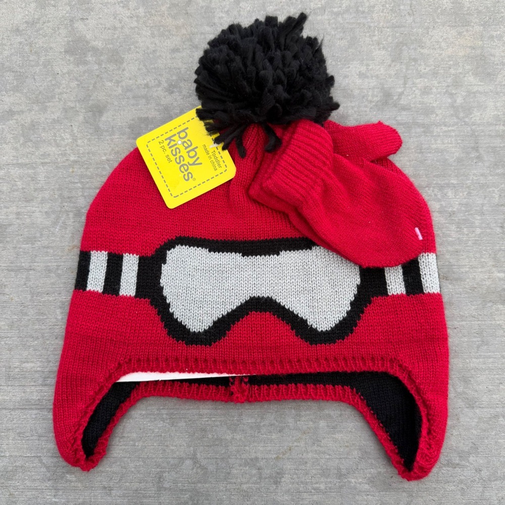 Toddler Red Black Ski Goggle Knit Trapper Hat and Mittens Set NWT